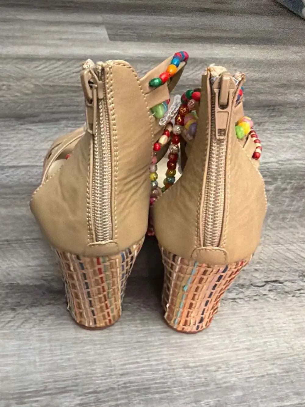 getmorebeauty Women's Wedge Sandals with Multi-Color Beaded Ankle Straps Tan Siz
